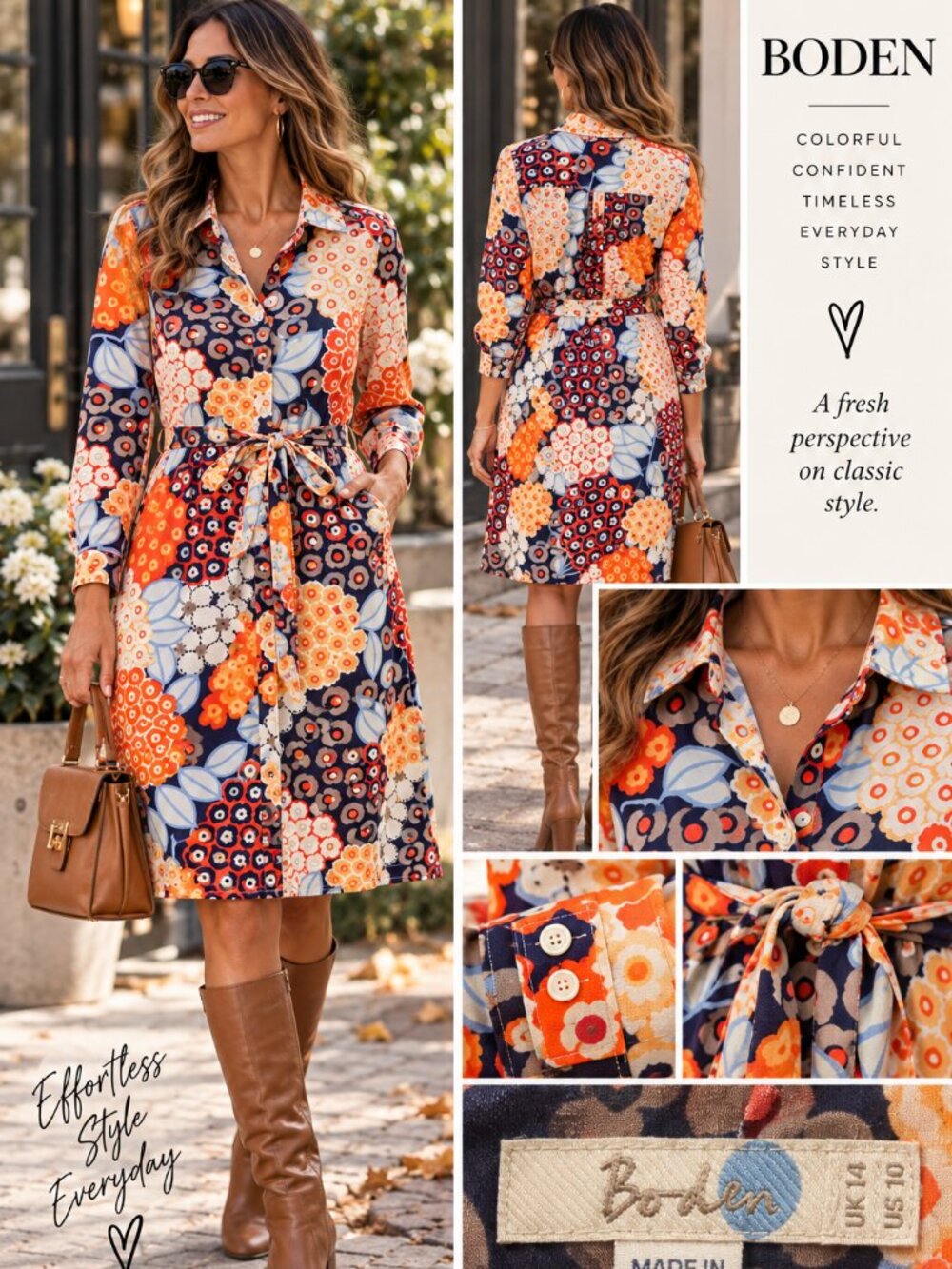 Boden Floral Shirt Dress US 10 Retro Mod Orange Navy Knee Length